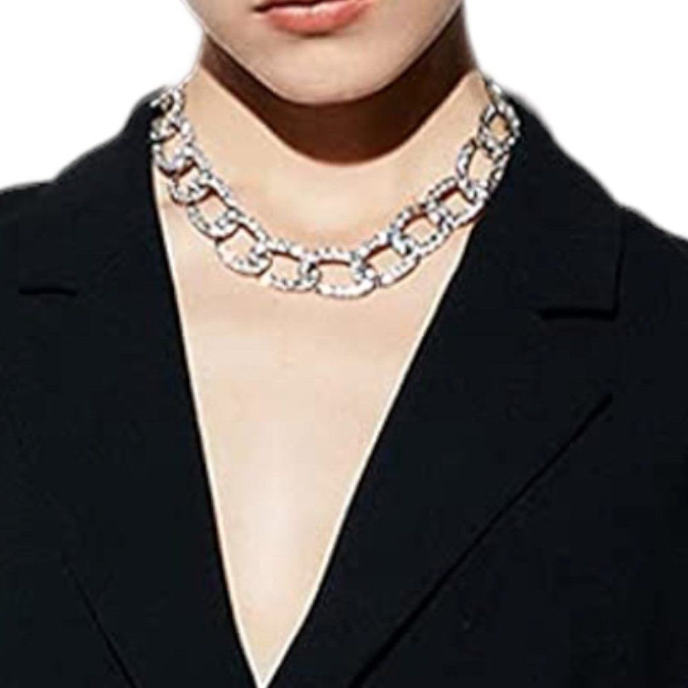 Silver Crystal Chunky Cuban Chain Toggle Choker - NEW